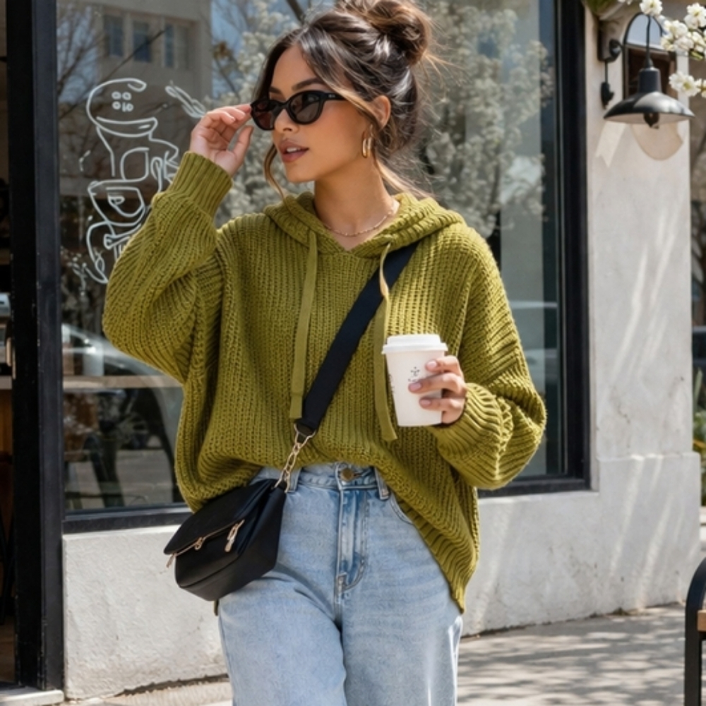 ✨ H&M Olive Green Chunky Knit Hoodie Sweater – XL